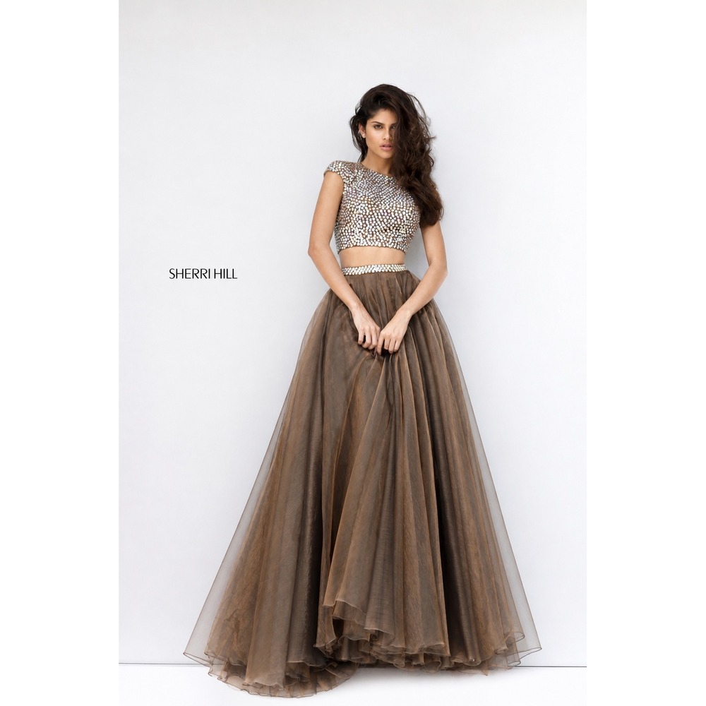NWT Sherri Hill 50561 Beaded Two Piece‎ Organza Gown Light Brown Size 2